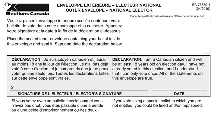 Bulletin de vote spécial - enveloppe extérieure