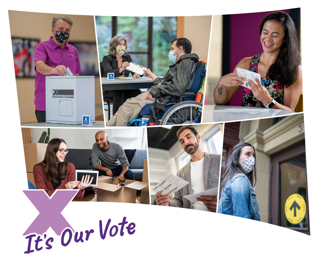 A collage of photos of voters with a logo letter X with text 'It's Our Vote' below it