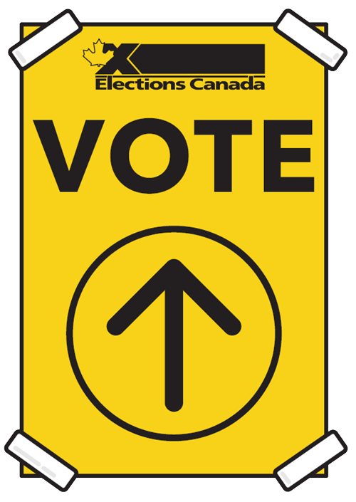 An image of a yellow poster with an arrow pointing to the polling place.
