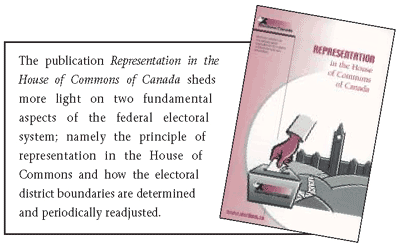 The publication Representation in the
House of Commons of Canada sheds
more light on two fundamental
aspects of the federal electoral
system; namely the principle of
representation in the House of
Commons and how the electoral
district boundaries are determined
and periodically readjusted.