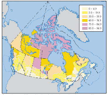 Percentage of Aboriginal Population by Census Division, 1996