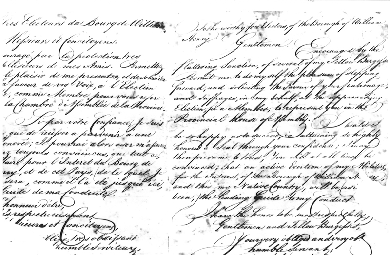Annonce manuscrite de Moses Hart déclarant son intention de se porter candidat à l'élection de 1796 dans le bourg de William-Henry, au Québec. 