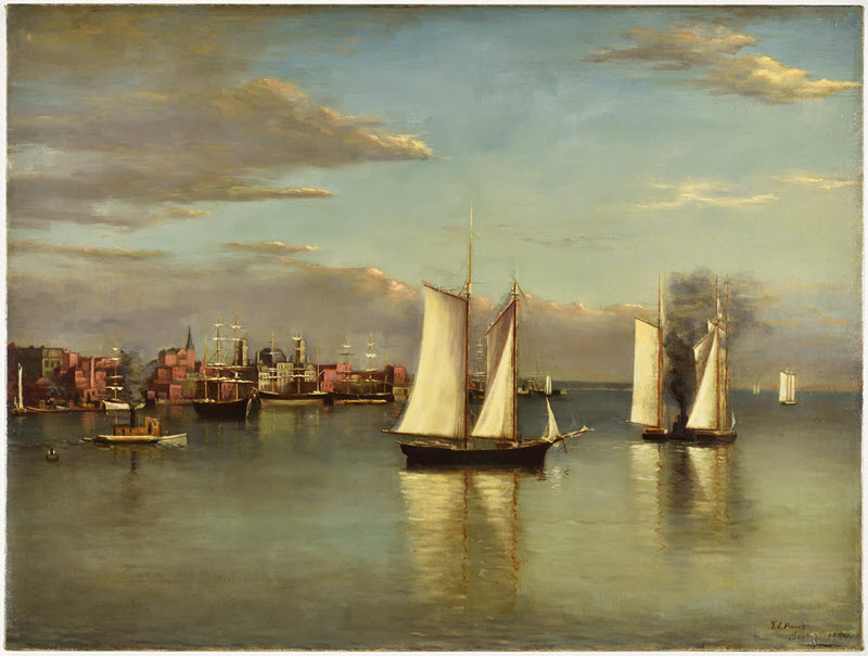 Illustration en couleur de deux grands voiliers aux voiles déroulées, dans un port entouré de bâtiments historiques. Plusieurs autres bateaux sont amarrés à proximité.