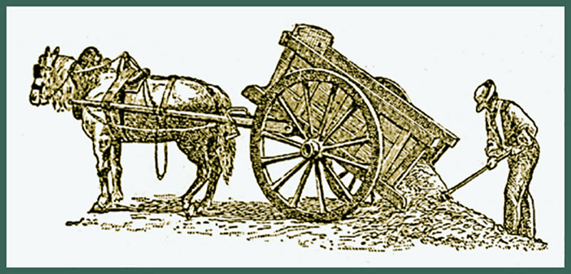 Illustration of a workman unloading feed from a wooden cart pulled by donkey.