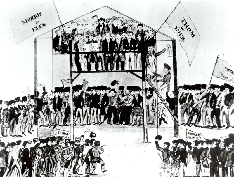 Aquarelle représentant les candidats Alex Thom et William Morris, accompagnés d'administrateurs d'élections, qui observent la foule du haut d'une plateforme surélevée, à Perth, dans le Haut Canada, pendant l'élection de 1828. 