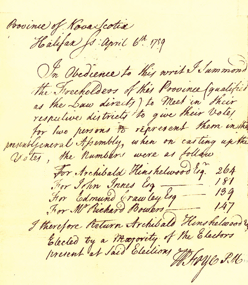 Rapport écrit à la main par un administrateur de l'élection au sujet des résultats d'une élection partielle tenue en 1759. 