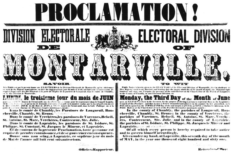 Image d'un document semblable à un journal, en haut duquel est écrit « Proclamation » en grandes lettres, déclarant une élection partielle dans la circonscription de Montarville. 
