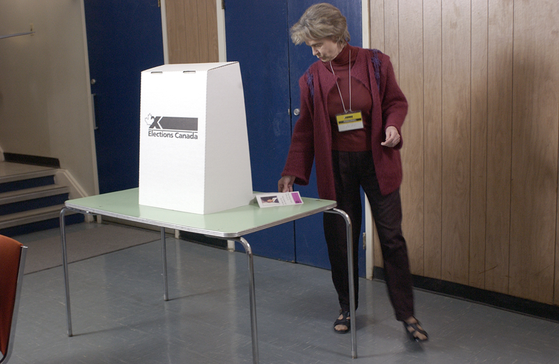 Photo of a woman standing next to a cardboard Elections Canada voting screen set up on a table.