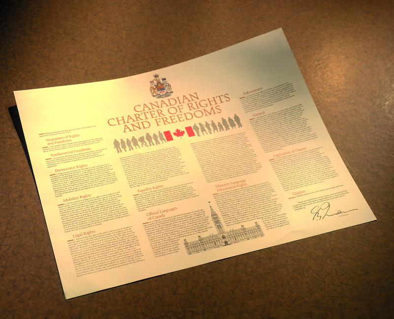 Photo of a document showing the text of the Canadian Charter of Rights and Freedoms.