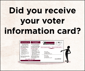 Digital ad for Nanaimo–Ladysmith by-election (voter information card)