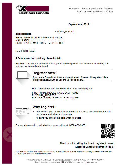 Voter registration letters mailings dated September 4, 2019