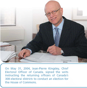 On May 31, 2004, Jean-Pierre Kingsley, Chief
Electoral Officer of Canada, signed the writs
instructing the returning officers of Canadas
308 electoral districts to conduct an election for
the House of Commons.