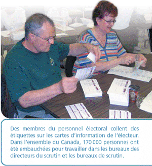 Des membres du personnel électoral collent des étiquettes sur les cartes d’information de l’électeur. Dans l’ensemble du Canada, 170 000 personnes ont été embauchées pour travailler dans les bureaux des directeurs du scrutin et les bureaux de scrutin.